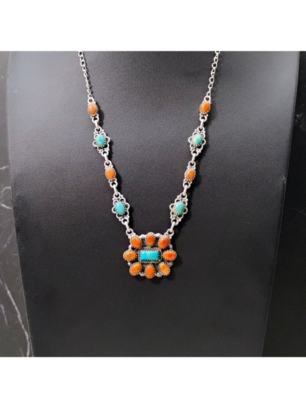 Southwest Turquoise & Orange Coral Cluster Sterling Silver Pendant Necklace
